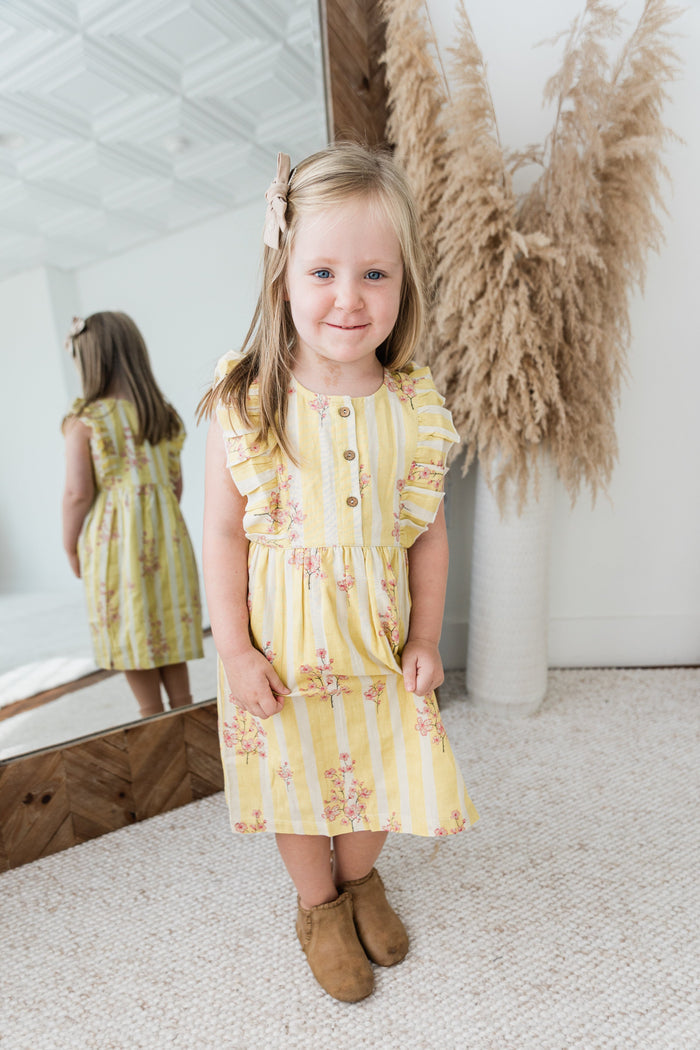 Pink & Yellow Floral Print Yoke Ruffled Gathered Dress DRESS Yo Baby India