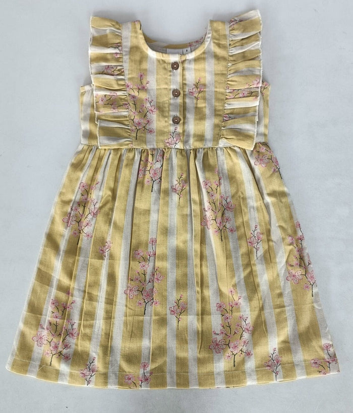 Pink & Yellow Floral Print Yoke Ruffled Gathered Dress DRESS Yo Baby India