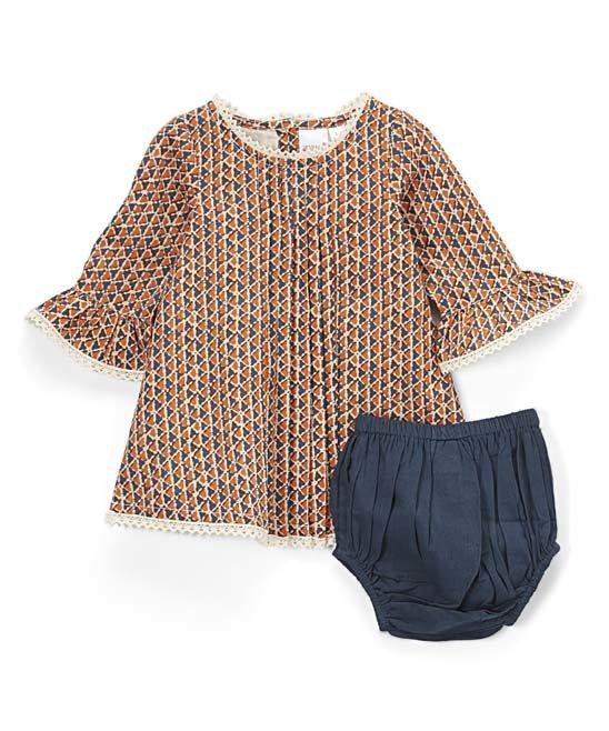 Pleated Abstract Orange Shift Dress & Diaper Cover With Lace Details Dress Yo Baby Wholesale