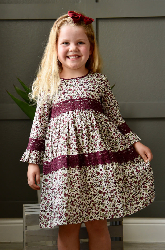 Printed Lace Detail Full-Sleeves A-Line Dress Dress Yo Baby Wholesale