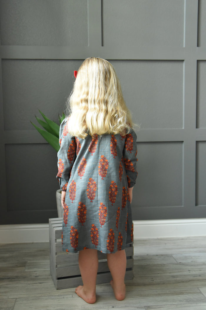 Printed Pleated Grey Full-Sleeves A-Line Dress Dress Yo Baby Wholesale