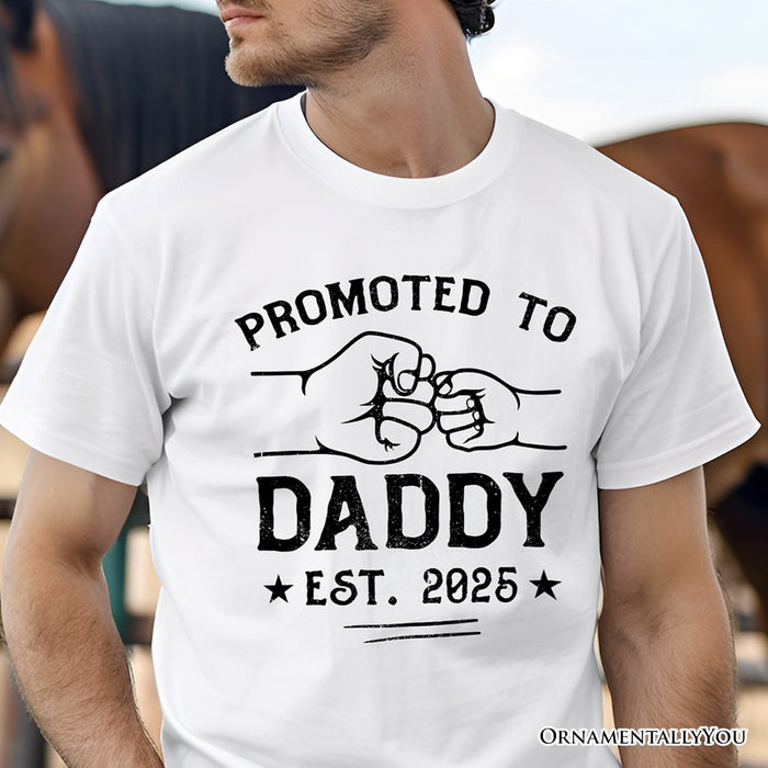 Promoted to Daddy Est. 2025 T-Shirt, Black and White New Dad Pregnancy Announcement Tee T-Shirts OrnamentallyYou