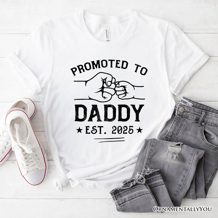 Promoted to Daddy Est. 2025 T-Shirt, Black and White New Dad Pregnancy Announcement Tee T-Shirts OrnamentallyYou White XS