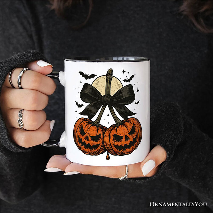 Pumpkin Cherries Coquette Bow Personalized Mug, Retro Halloween Gift with Custom Name Personalized Ceramic Mug OrnamentallyYou