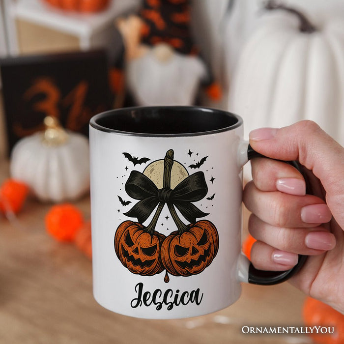Pumpkin Cherries Coquette Bow Personalized Mug, Retro Halloween Gift with Custom Name Personalized Ceramic Mug OrnamentallyYou