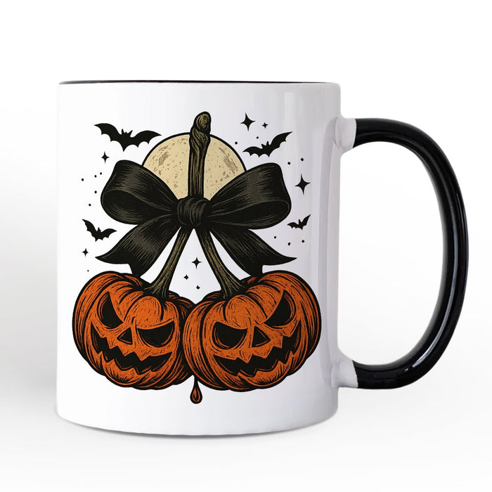 Pumpkin Cherries Coquette Bow Personalized Mug, Retro Halloween Gift with Custom Name Personalized Ceramic Mug OrnamentallyYou White - Black Non-Custom
