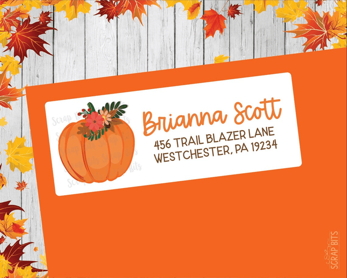 Pumpkin Flowers + Leaves, Fall Return Address Labels - Scrap Bits
