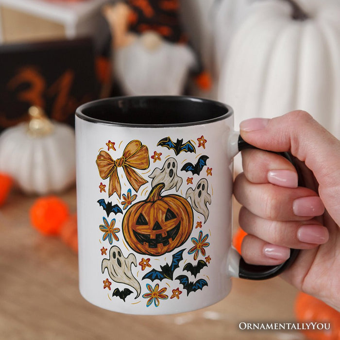 Pumpkin Ghosts Coquette Bow Personalized Mug, Retro Fall Spooky Gift with Custom Name Personalized Ceramic Mug OrnamentallyYou