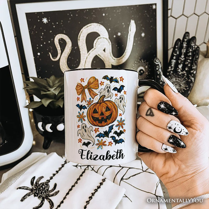 Pumpkin Ghosts Coquette Bow Personalized Mug, Retro Fall Spooky Gift with Custom Name Personalized Ceramic Mug OrnamentallyYou