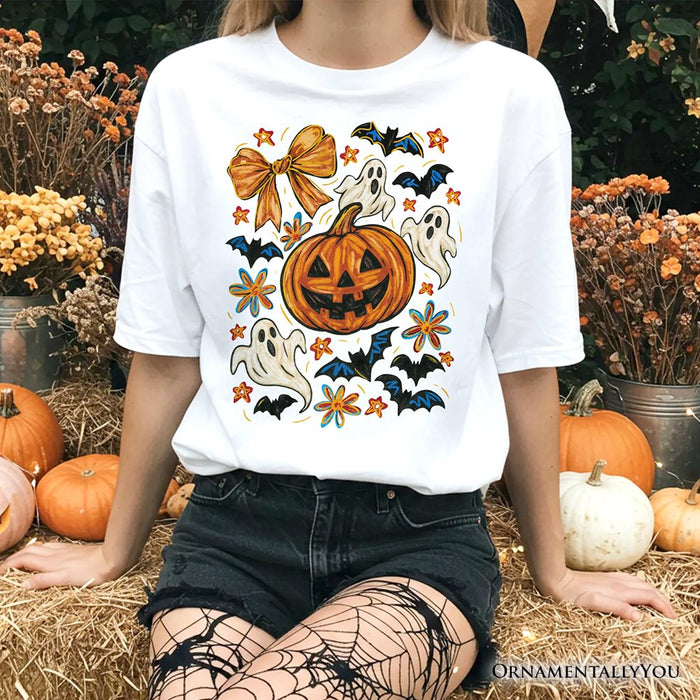Pumpkin Ghosts Coquette Bow T-Shirt, Retro Fall Spooky Tee for Cute Trick-or-Treaters T-Shirts OrnamentallyYou White XS