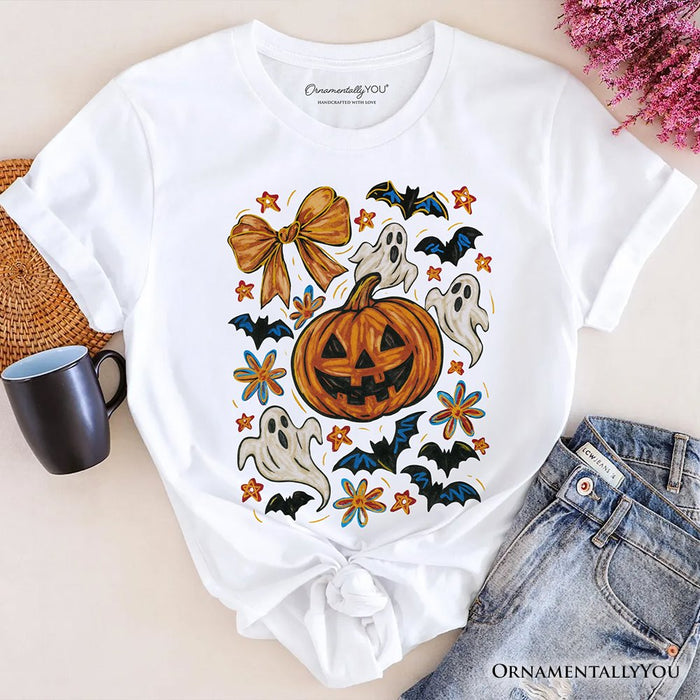 Pumpkin Ghosts Coquette Bow T-Shirt, Retro Fall Spooky Tee for Cute Trick-or-Treaters T-Shirts OrnamentallyYou