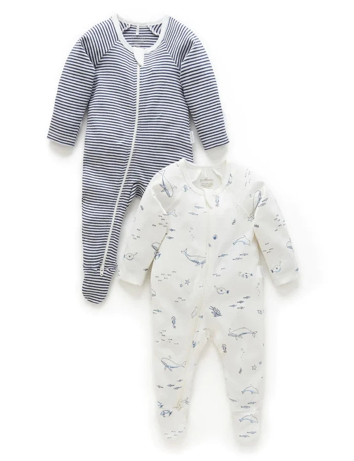 Purebaby Organic Zip Growsuit 2 Pack - Vanilla Nautical