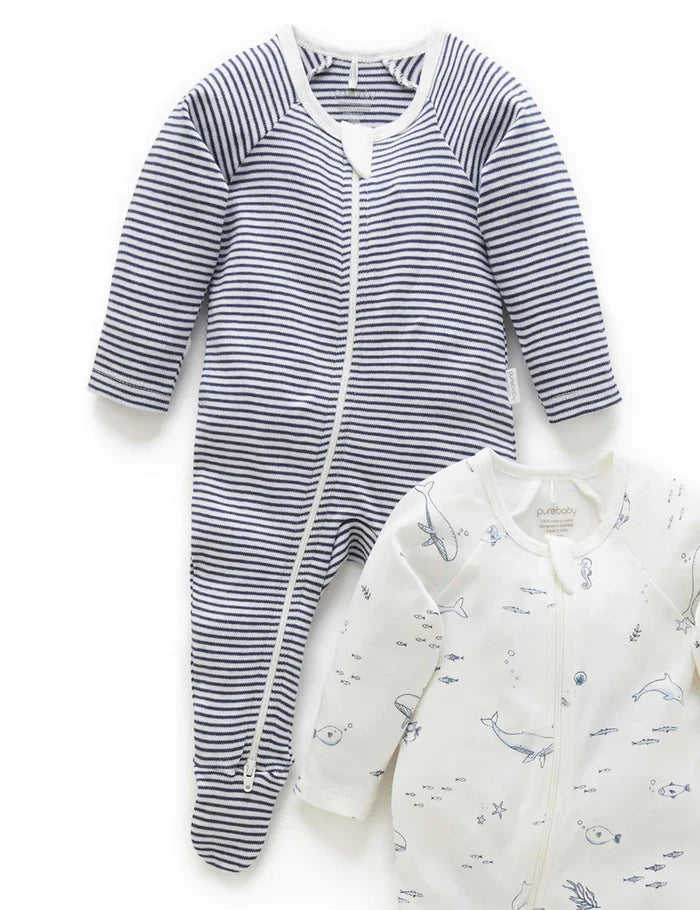 Purebaby Organic Zip Growsuit 2 Pack - Vanilla Nautical