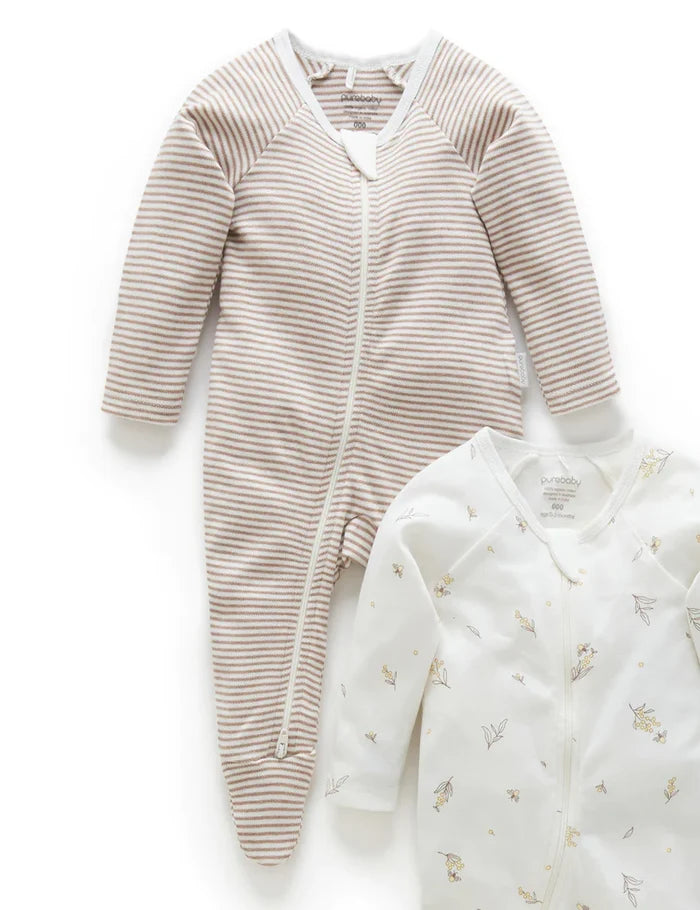 Purebaby Organic Zip Growsuit 2 Pack - Vanilla Wattle Bee