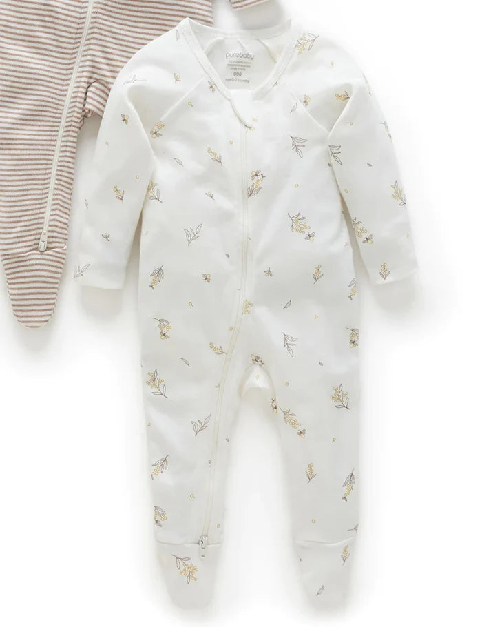 Purebaby Organic Zip Growsuit 2 Pack - Vanilla Wattle Bee