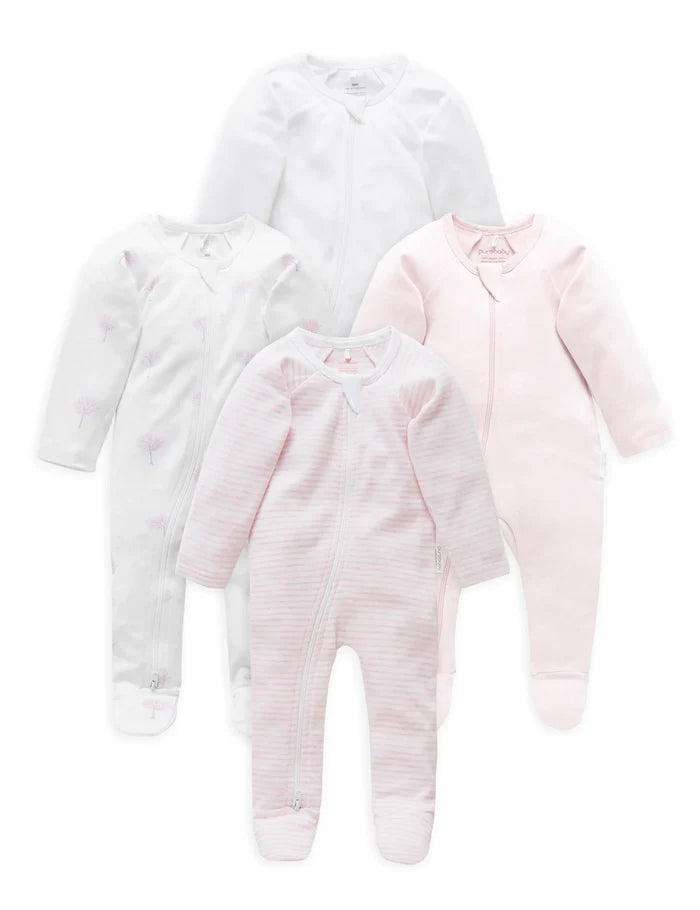 Purebaby Organic Zip Growsuit 4 Pack - Pink
