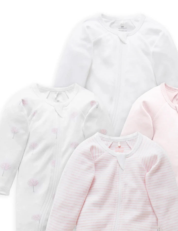Purebaby Organic Zip Growsuit 4 Pack - Pink