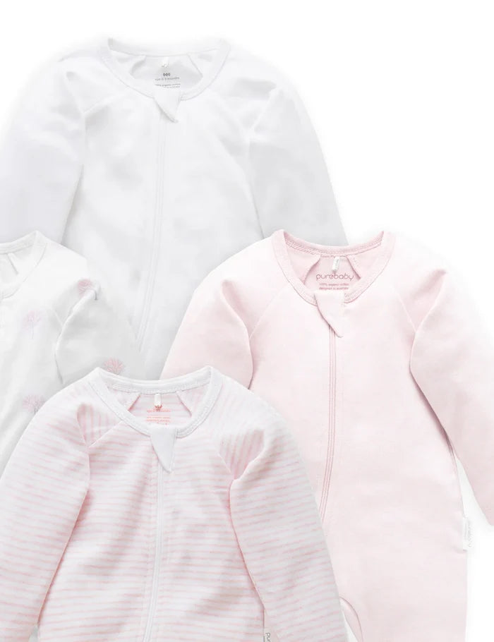 Purebaby Organic Zip Growsuit 4 Pack - Pink