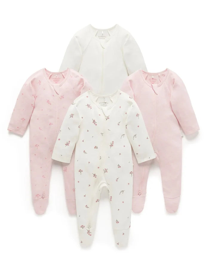 Purebaby Organic Zip Growsuit 4 Pack - Vanilla Blossom