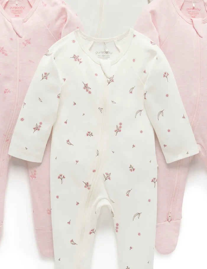 Purebaby Organic Zip Growsuit 4 Pack - Vanilla Blossom