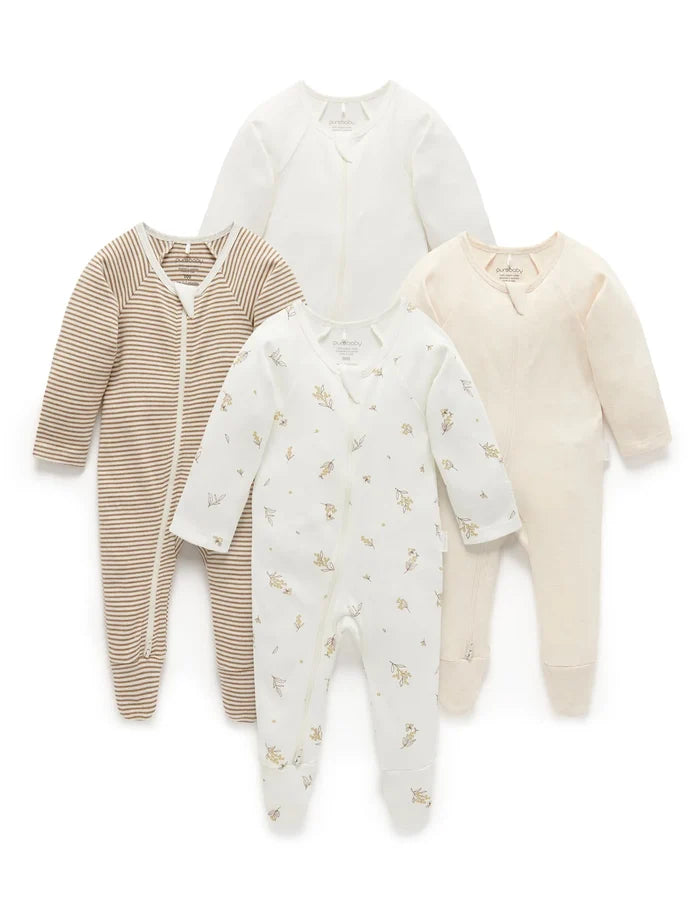 Purebaby Organic Zip Growsuit 4 Pack - Vanilla Wattle Bee
