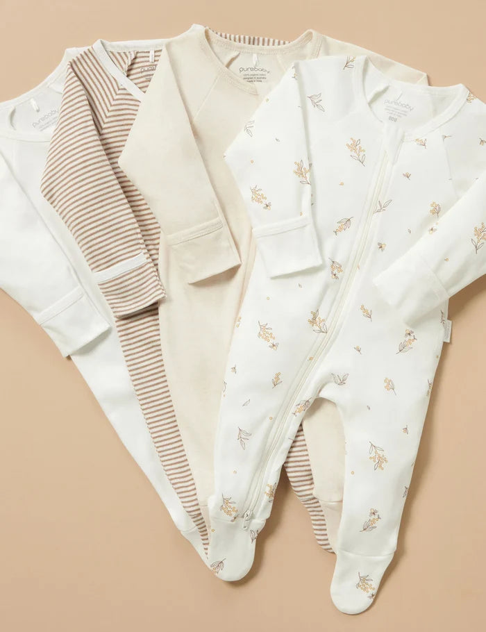Purebaby Organic Zip Growsuit 4 Pack - Vanilla Wattle Bee