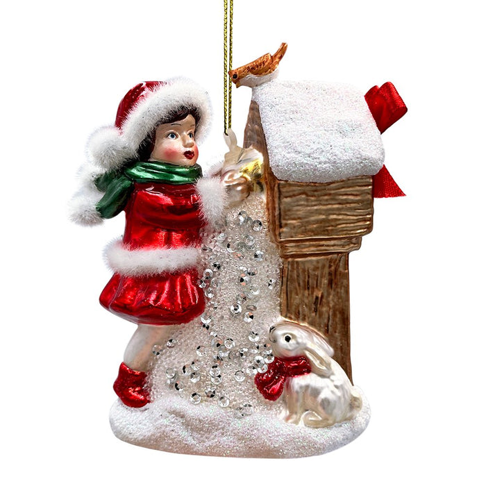 Quaint Little Winter Girl Feeding the Birds Glass Christmas Ornament, Cardinal Birdhouse Tree Decor Glass Ornament OrnamentallyYou