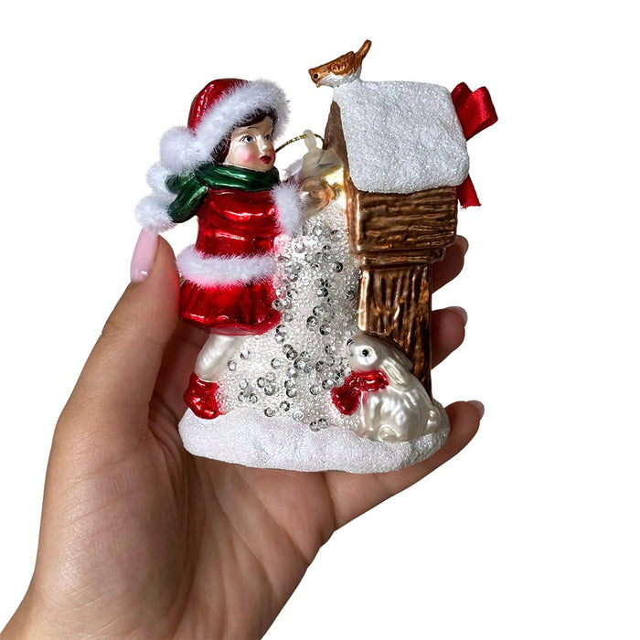 Quaint Little Winter Girl Feeding the Birds Glass Christmas Ornament, Cardinal Birdhouse Tree Decor Glass Ornament OrnamentallyYou
