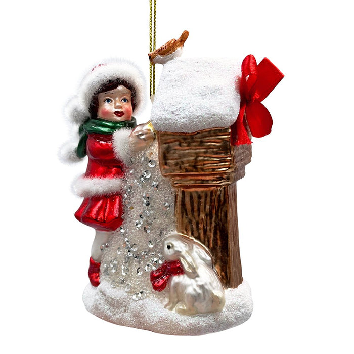 Quaint Little Winter Girl Feeding the Birds Glass Christmas Ornament, Cardinal Birdhouse Tree Decor Glass Ornament OrnamentallyYou