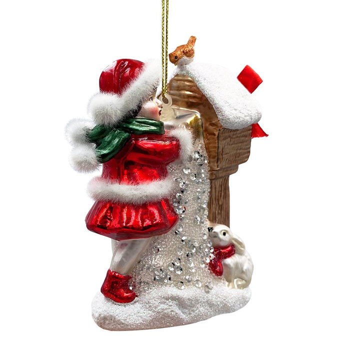 Quaint Little Winter Girl Feeding the Birds Glass Christmas Ornament, Cardinal Birdhouse Tree Decor Glass Ornament OrnamentallyYou