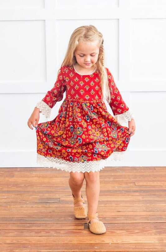 Red & Blue Printed Long Sleeve Lace Detail Dress Yo Baby India