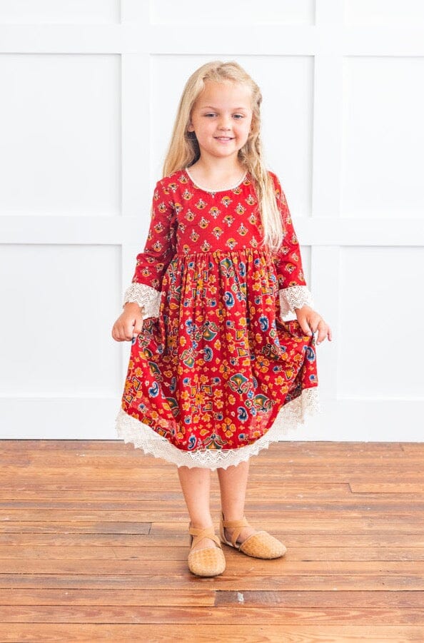 Red & Blue Printed Long Sleeve Lace Detail Dress Yo Baby India