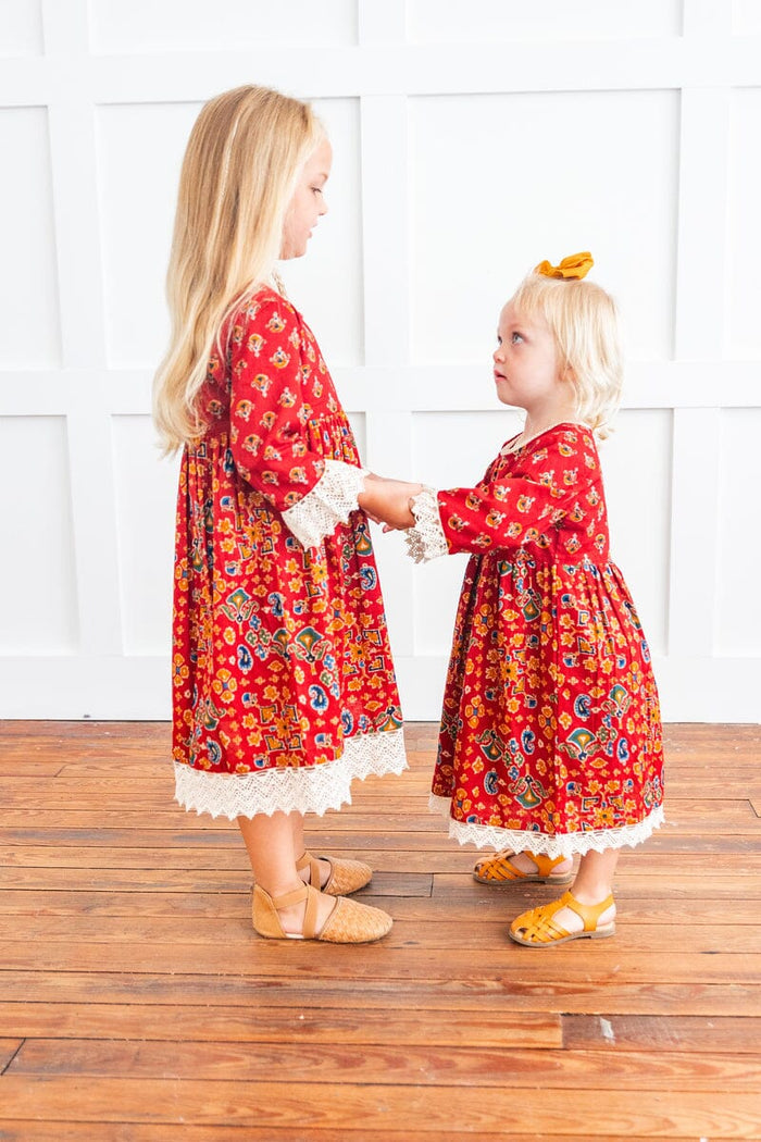 Red & Blue Printed Long Sleeve Lace Detail Dress Yo Baby India