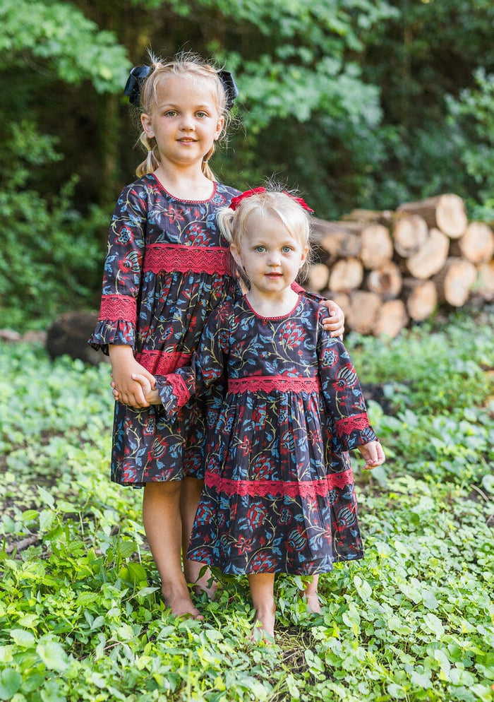 Red & Blue Printed Long Sleeve Lace Detail Dress and Bloomers dress & diaper cover Yo Baby India