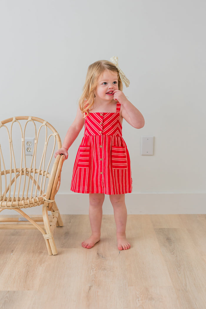 Red Striped Print Front Open Gathered Dress Dress Yo Baby India