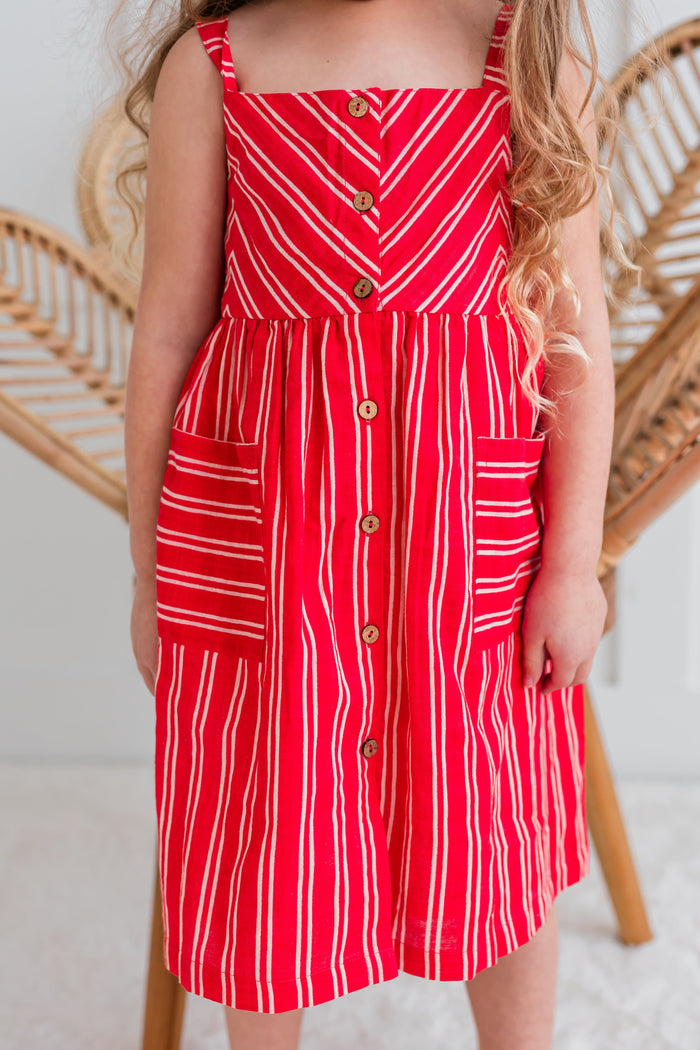 Red Striped Print Front Open Gathered Dress Dress Yo Baby India