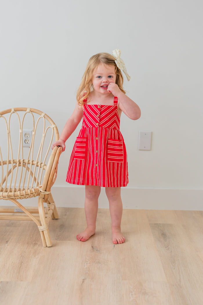 Red Striped Print Front Open Gathered Dress Dress Yo Baby India