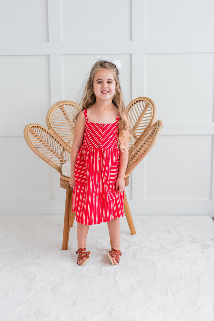 Red Striped Print Front Open Gathered Dress Dress Yo Baby India