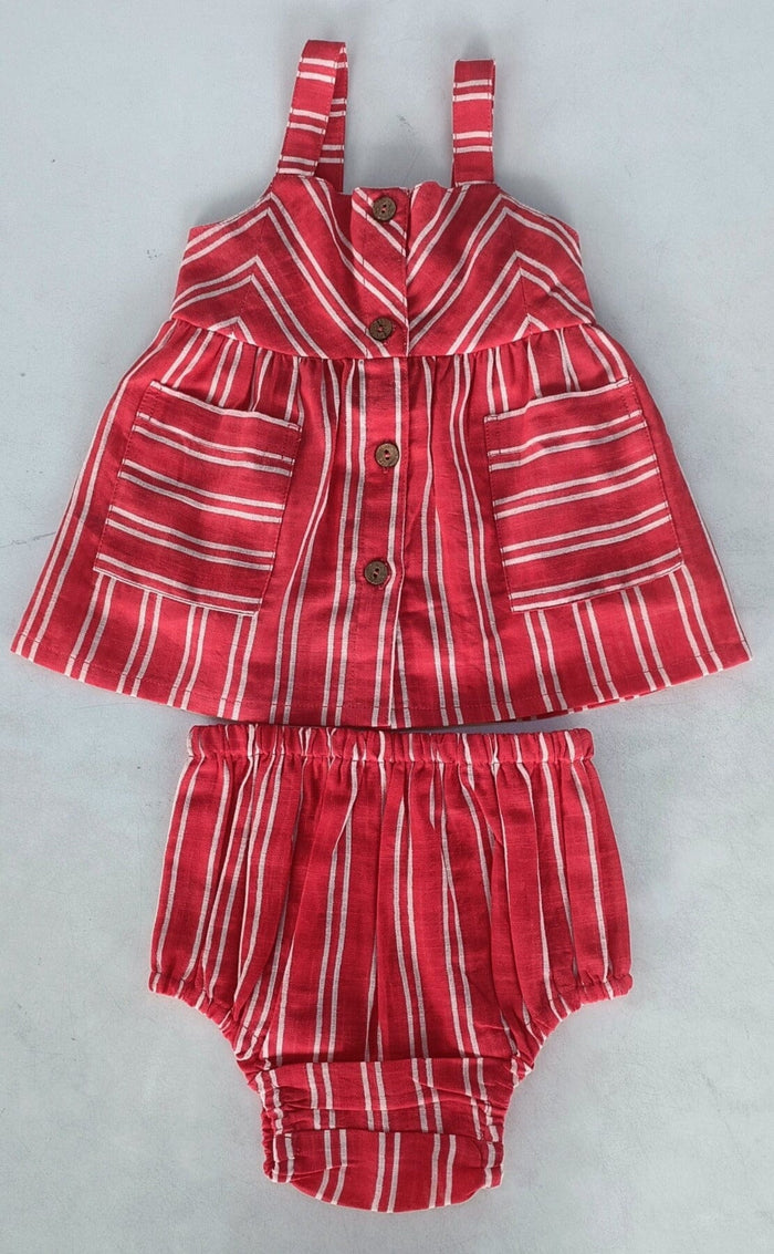 Red Striped Print Front Open Gathered Dress Dress Yo Baby India