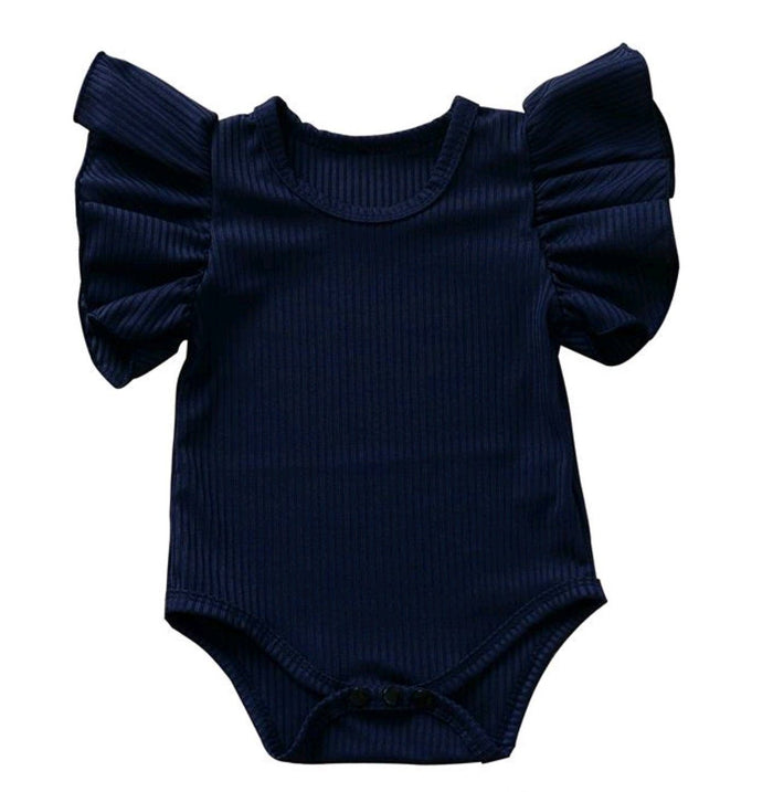 Ribbed Ruffle Stretch Romper romper Yo Baby India 3-6 Months Navy