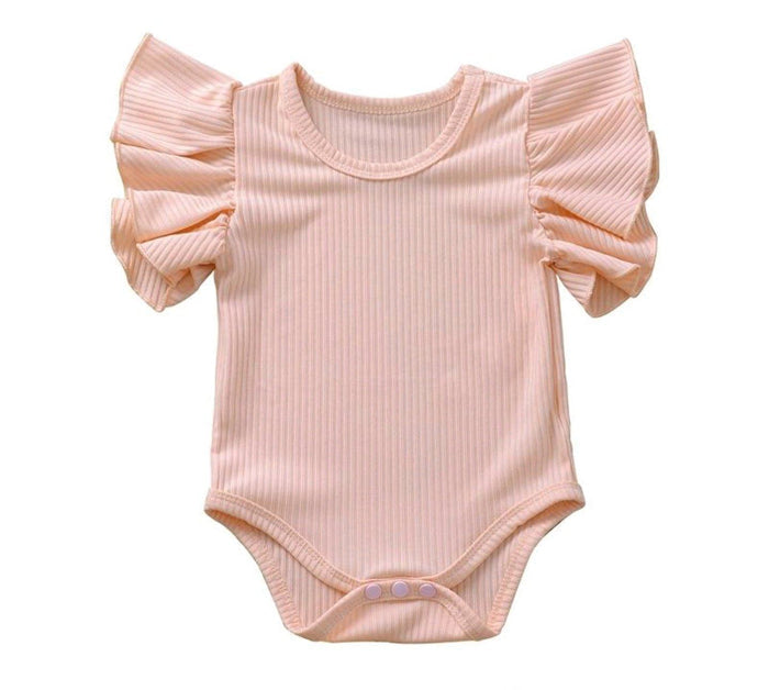 Ribbed Ruffle Stretch Romper romper Yo Baby India 3-6 Months Pink