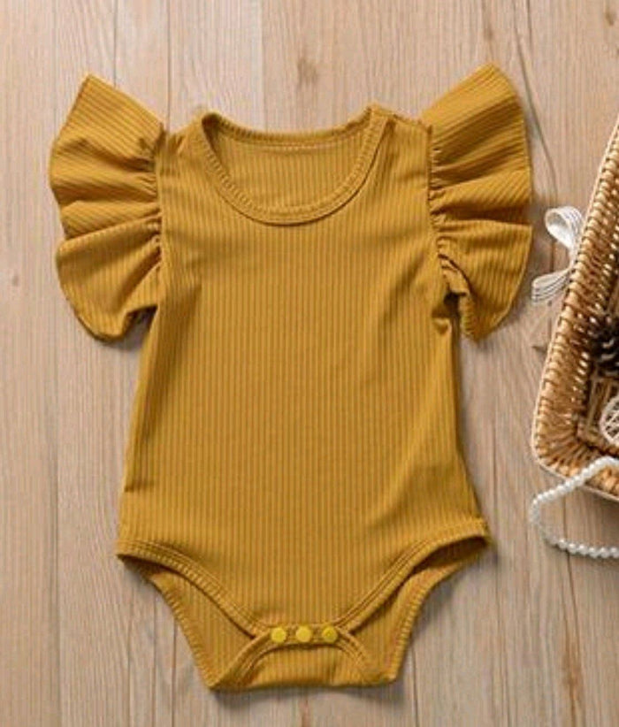 Ribbed Ruffle Stretch Romper romper Yo Baby India 3-6 Months Mustard