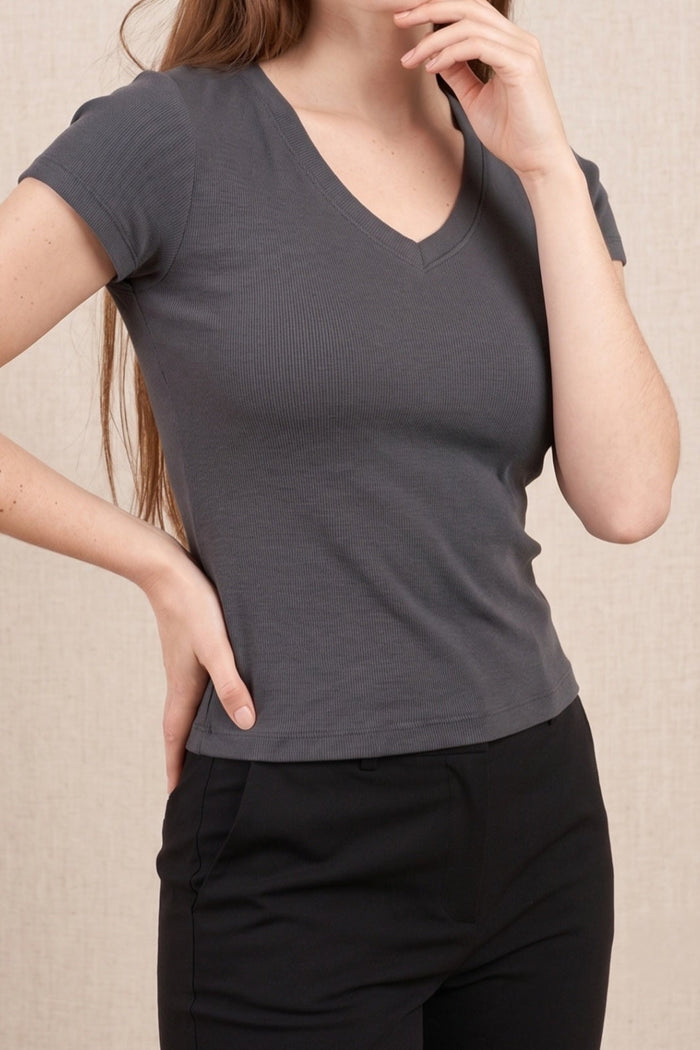 Ribbed V-Neck Fitted Top