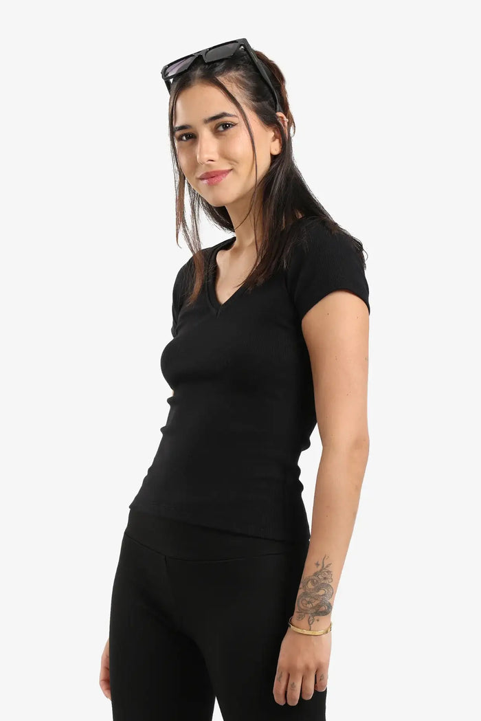 Ribbed V-Neck Fitted Top