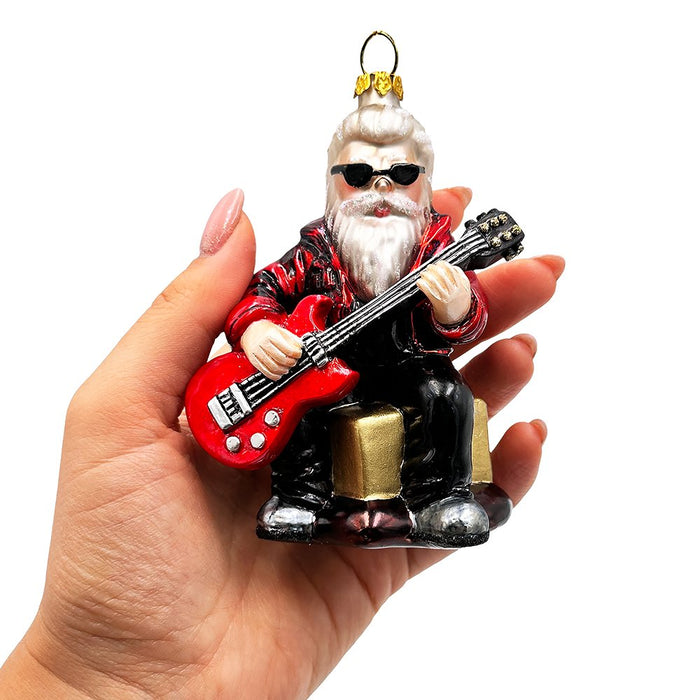 Rock Guitarist Santa Claus Glass Christmas Ornament, Rocker Musician Gift Glass Ornament OrnamentallyYou