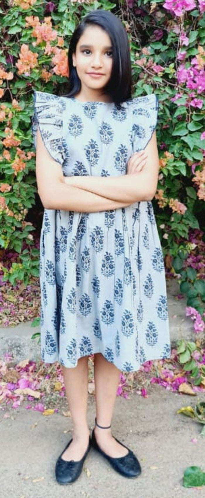 Ruffle Sleeves Grey & Blue Floral Dress Dress Yo Baby Wholesale