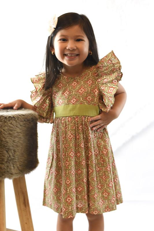 Ruffle Sleeves Shift Dress With Belt-Tie Dress Yo Baby Wholesale
