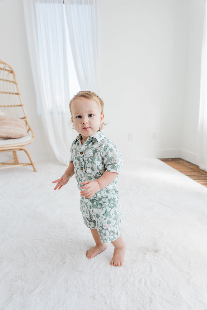 Sage-Green Floral Printed Boys Shirt & Shorts Set Shirt-Shorts Yo Baby India