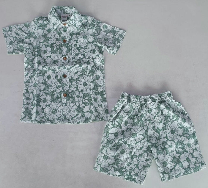 Sage-Green Floral Printed Boys Shirt & Shorts Set Shirt-Shorts Yo Baby India