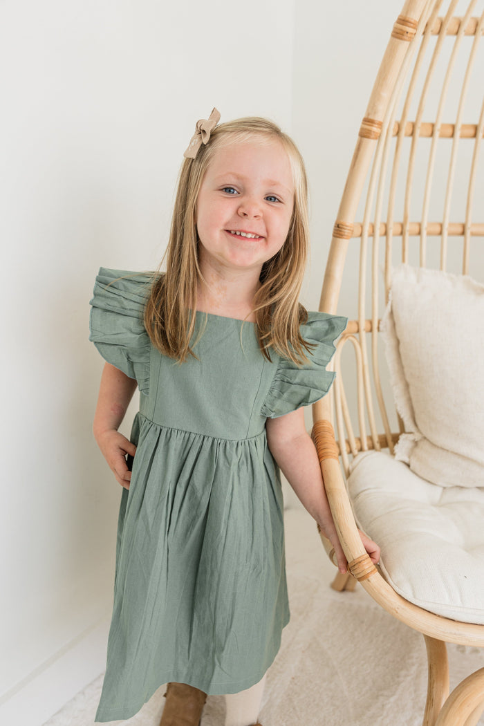 Sage Green Solid Color Ruffled Racer Back Gathered Dress Dress Yo Baby India